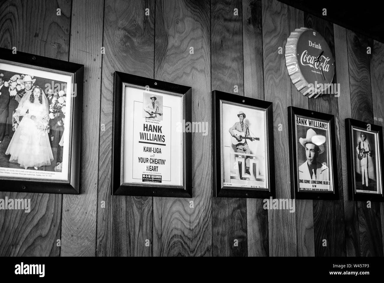 Promotional posters and photographs of Hank Williams and bridge Billie Jean, inside Chris' Famous Hotdogs restuarant in Montgomery, AL Stock Photo