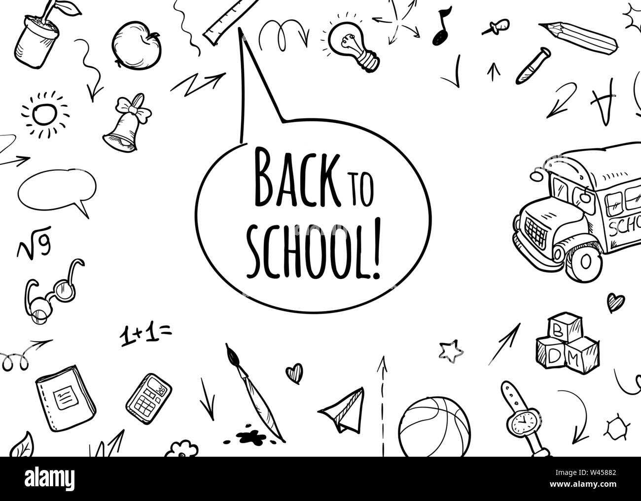 Back to school Background. Banner with texture from line art icons of education, science objects and office supplies on the white background Stock Vector