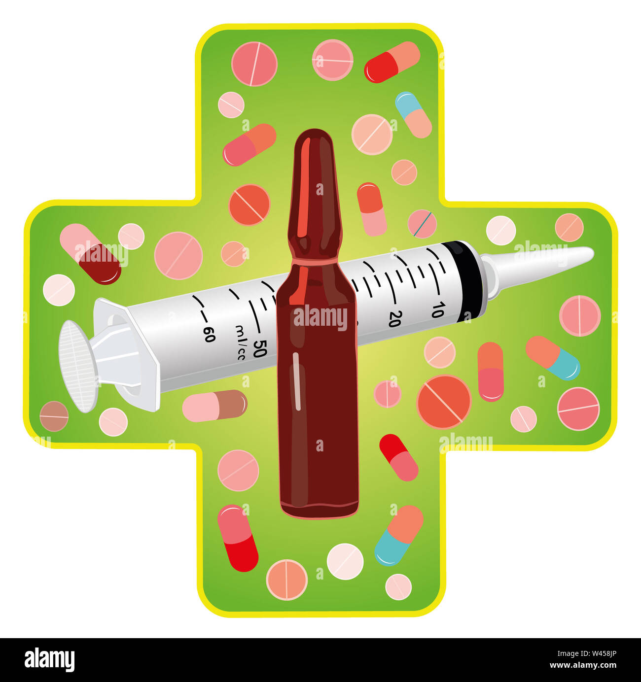 Medical icon. Medical cross, syringe for injections , glass ampoule ...