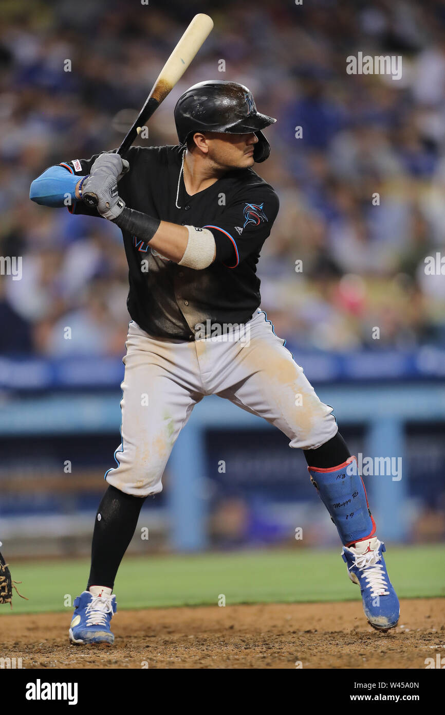 Los Angeles, CA, USA. 19th July, 2019. Miami Marlins shortstop Miguel Rojas (19) bats for the Marlins during the game between the Miami Marlins and the Los Angeles Dodgers at Dodger Stadium in Los Angeles, CA. (Photo by Peter Joneleit) Credit: csm/Alamy Live News Stock Photo