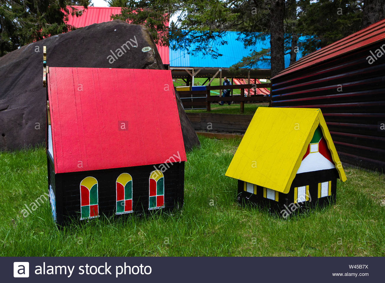 Download A Small Wooden Chapel Is Viewed Closeup By A Little Hut With Yellow Roof Fun Objects Decorating An Outdoor Father Christmas Village For Kids Stock Photo Alamy Yellowimages Mockups