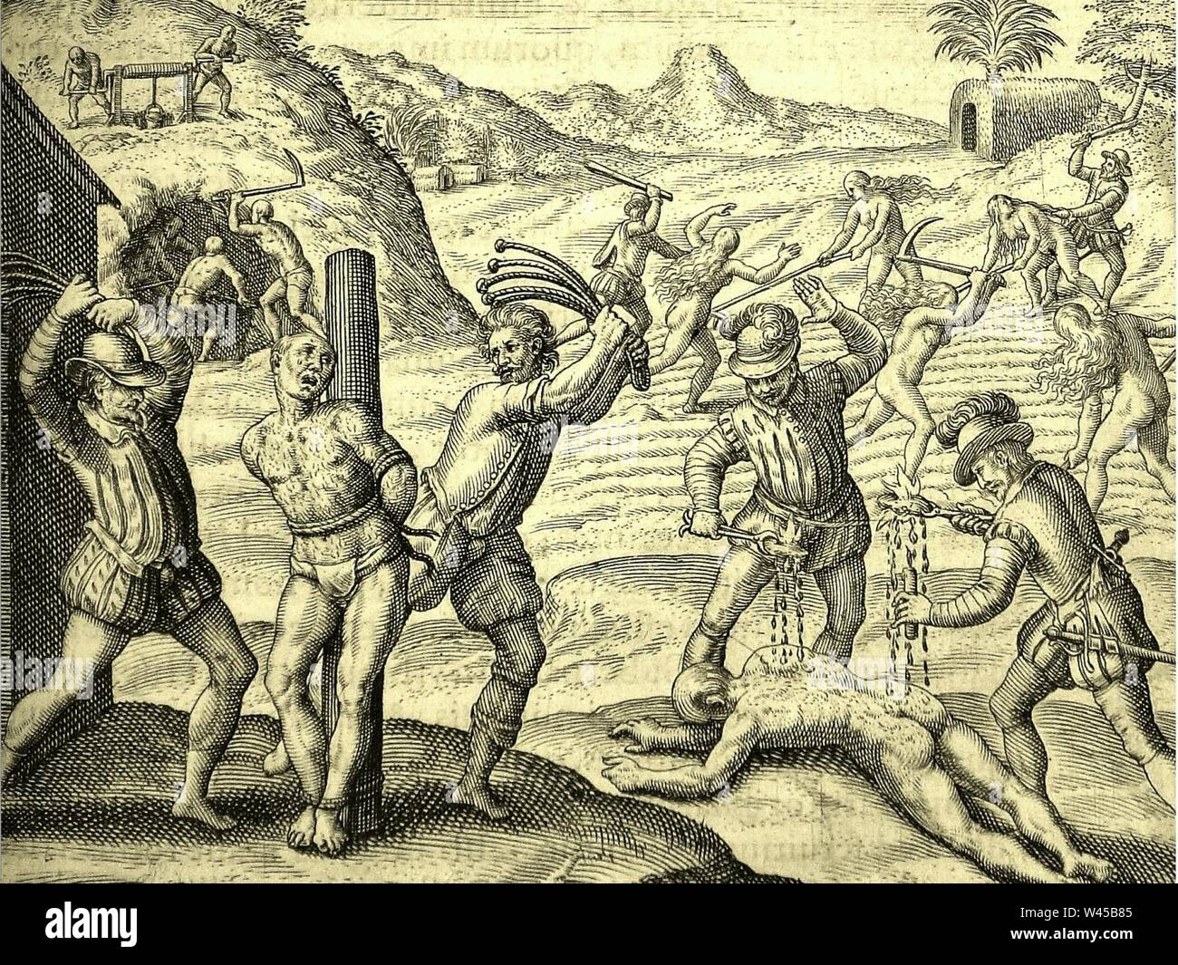 Conquistadors' abuses of Amerindians (1598 edition for las Casas' book). Stock Photo