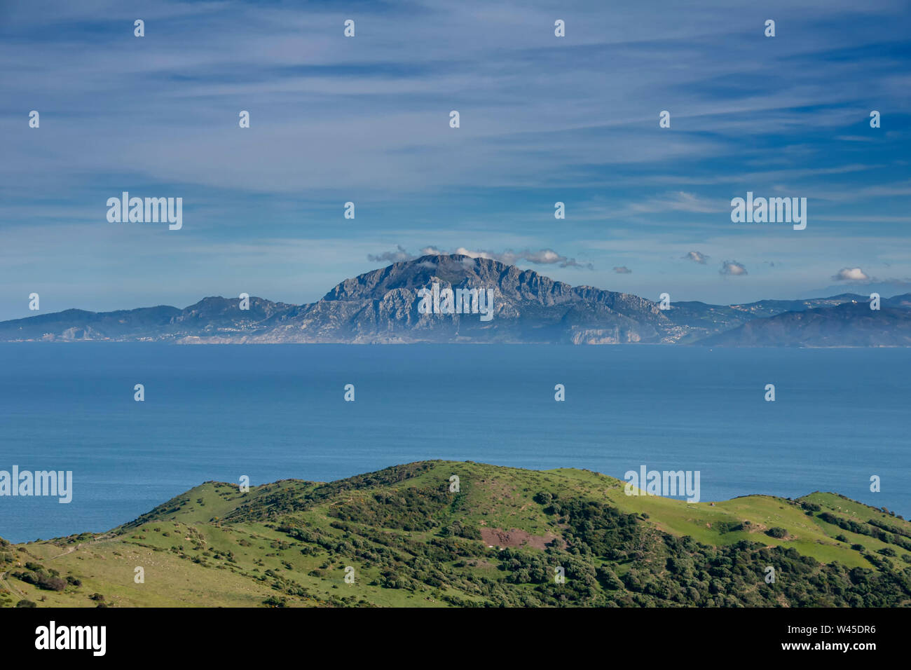 Viewpoint of the Strait of Gibraltar Natural Park in Tarifa with views of  Mount Musa on the coast of Africa Stock Photo - Alamy