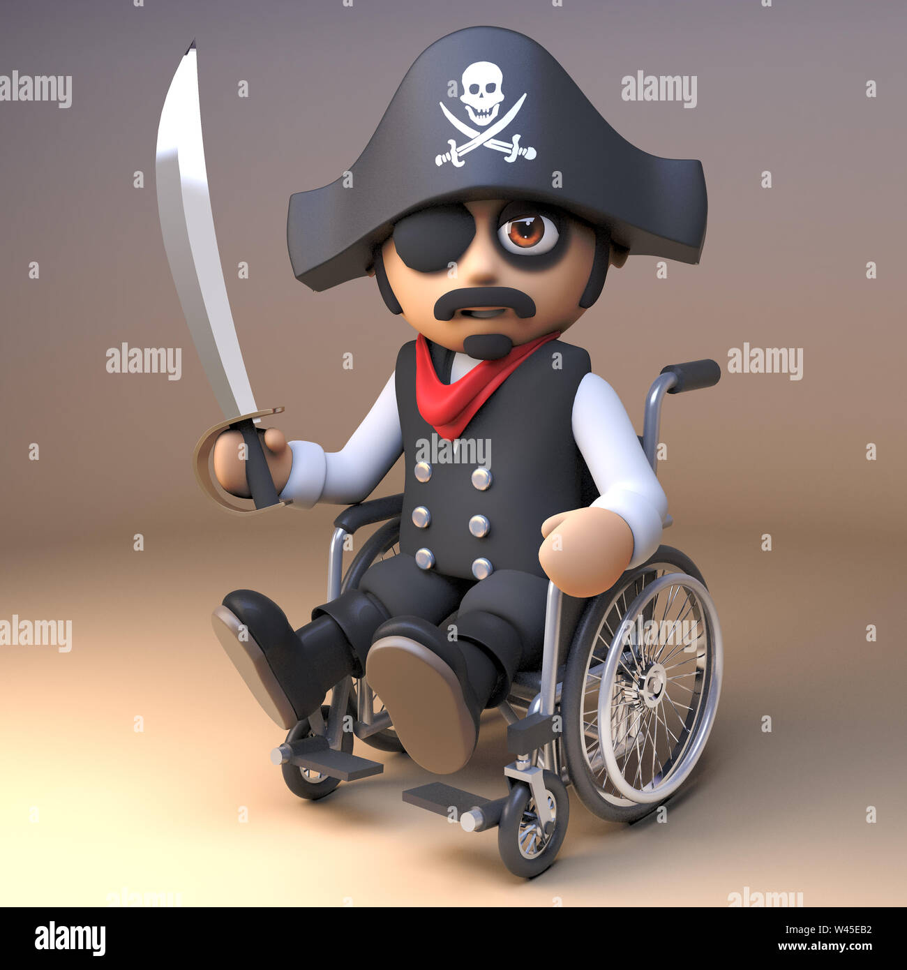Pirate sea captain in eyepatch and skull and crossbones hat wields a ...