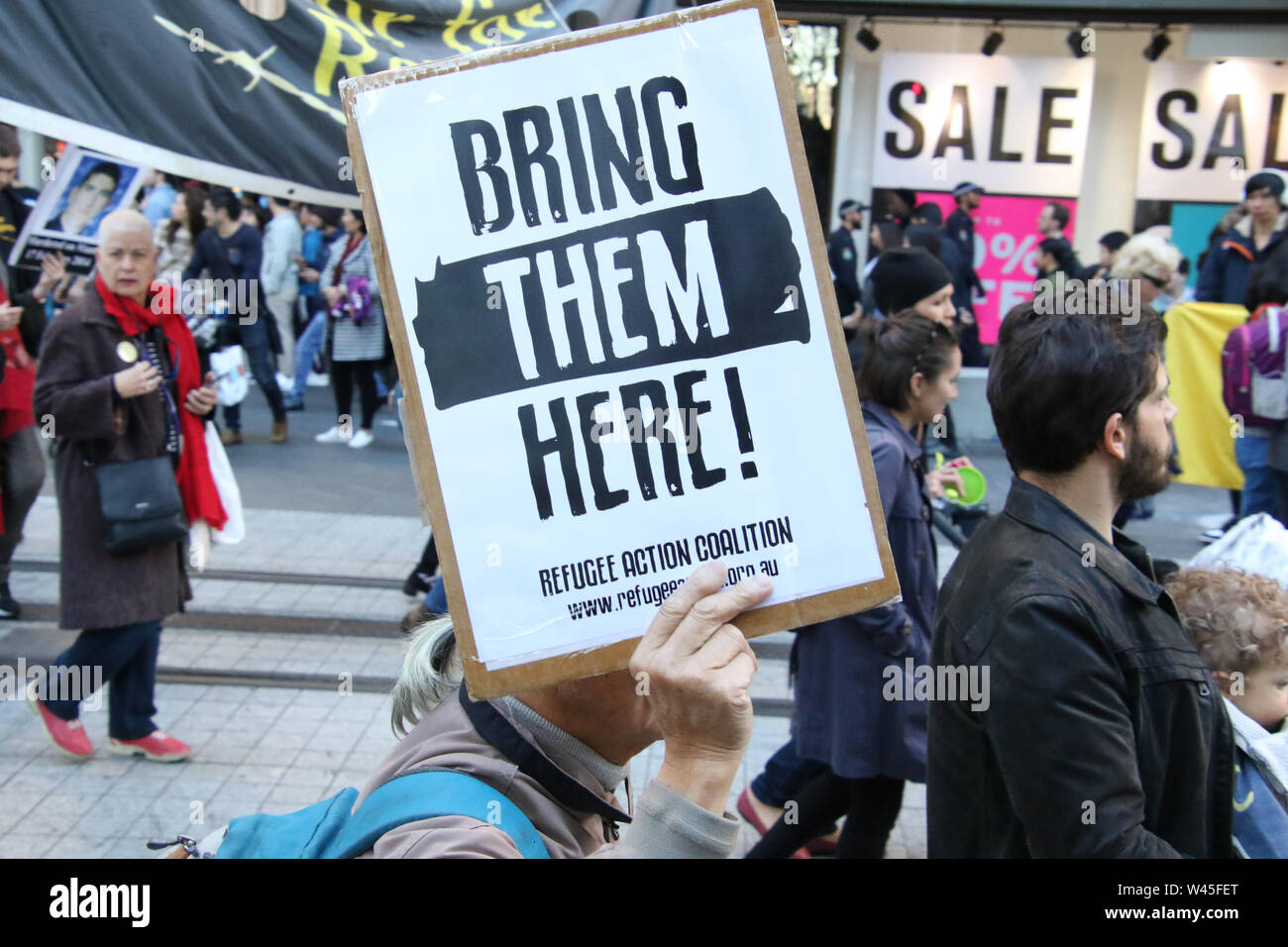 Sydney, Australia. 20th July 2019. Protesters in support of refugees held a rally and march on 6th anniversary of the signing of the Regional Resettlement Arrangement policy involving Manus Island and Nauru detention centres on 19th July 2013. Credit: Richard Milnes/Alamy Live News Stock Photo