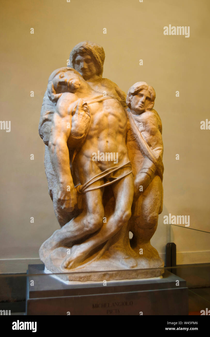 Statues giving support to the crippled tied in a rope, Gipsoteca Bartolini gallery, Accademia museum, Florence, Italy. Stock Photo