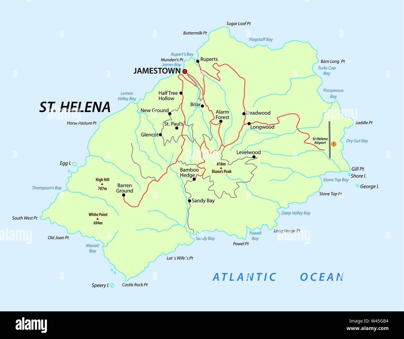 Map of british island St Helena in the Atlantic Ocean Stock Vector