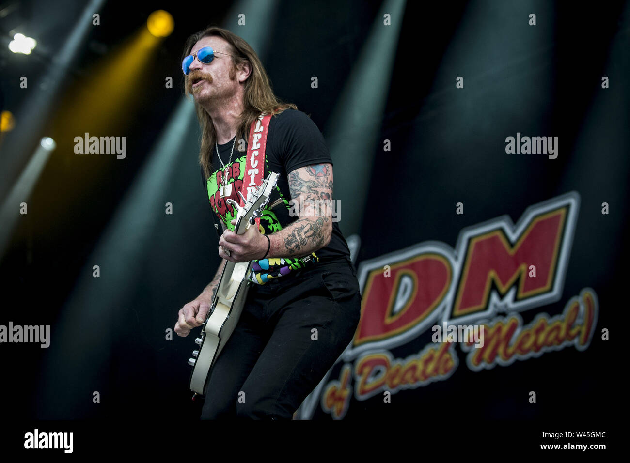 DONINGTON, ENGLAND: Eagles of Death Metal perform on the second stage at the Download Festival. Featuring: Jesse Hughes Where: London, United Kingdom When: 14 Jun 2019 Credit: Neil Lupin/WENN Stock Photo