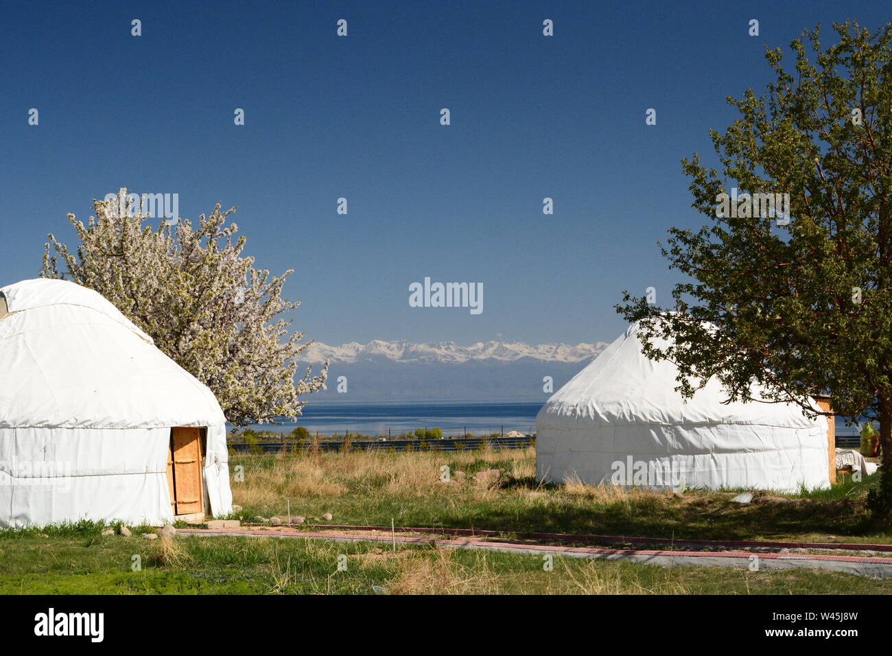 Yurts camp near Issyk Kul lake. Bokonbayevo. Kyrgyzstan Stock Photo