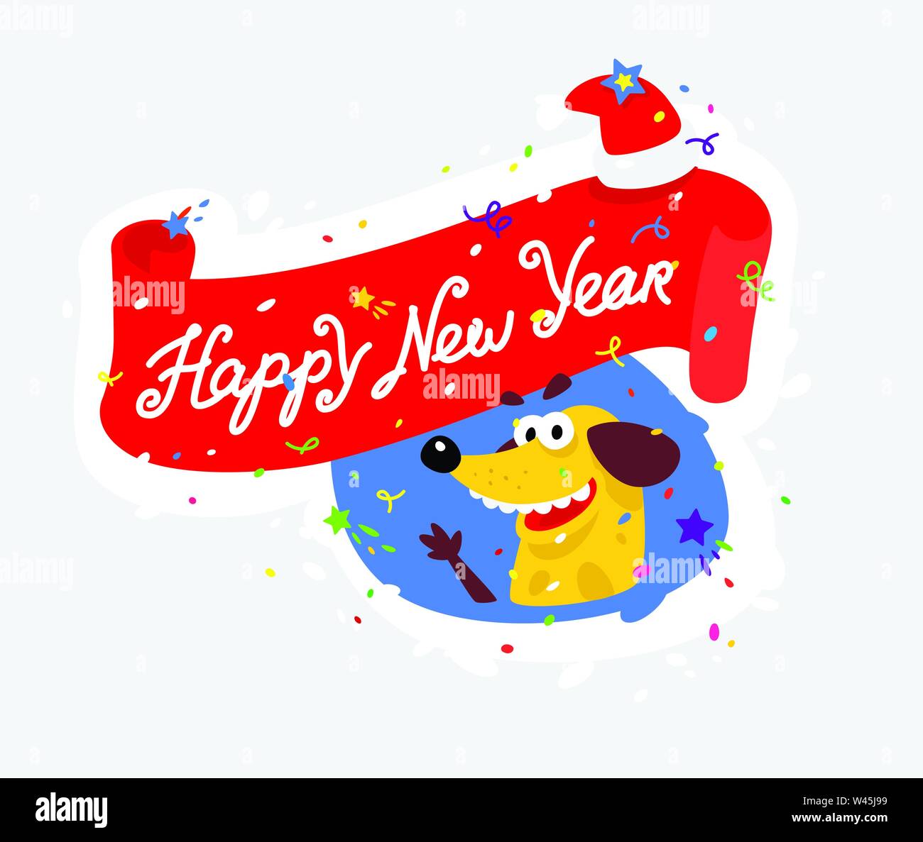 Yellow dog is the symbol of the new year. Vector illustration in a flat style. Sticker of a silly dog. The image is isolated from the background. Char Stock Vector