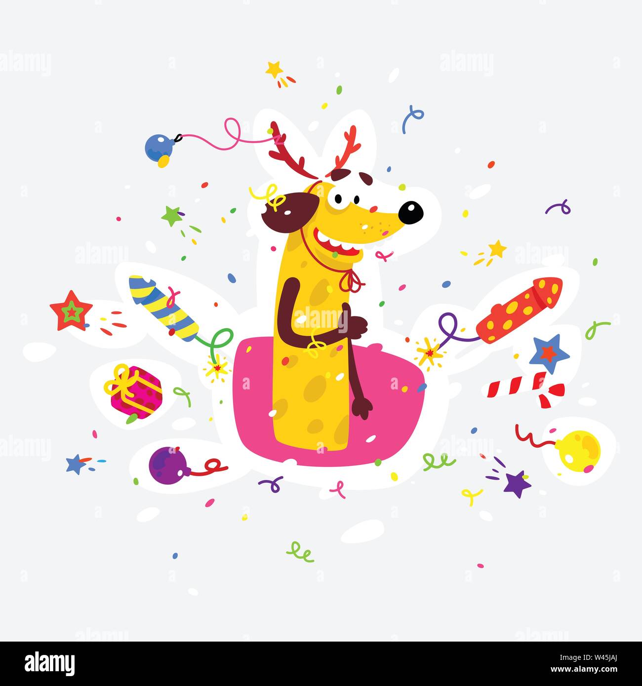 Yellow dog is the symbol of the new year. Vector illustration in a flat style. Sticker of a silly dog. The image is isolated from the background. Char Stock Vector