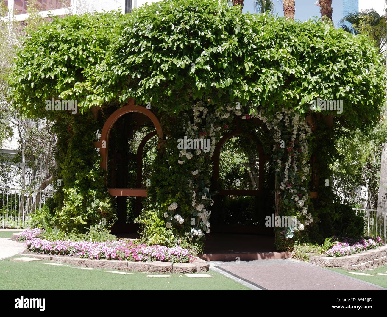 Gazebo In A Backyard Garden Covered With Green Plants And Flowers