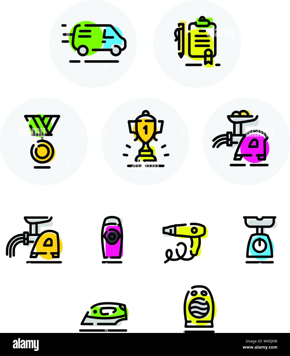 Set of vector icons on different topics. Icons isolated on white background. Cup. Household electrical appliances. Certificate. Delivery. Round, color Stock Vector