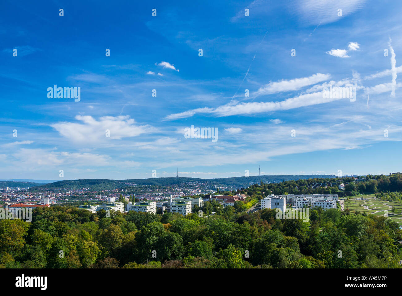 Germany, Above tree tops and green city park of Killesberg quarter in ...