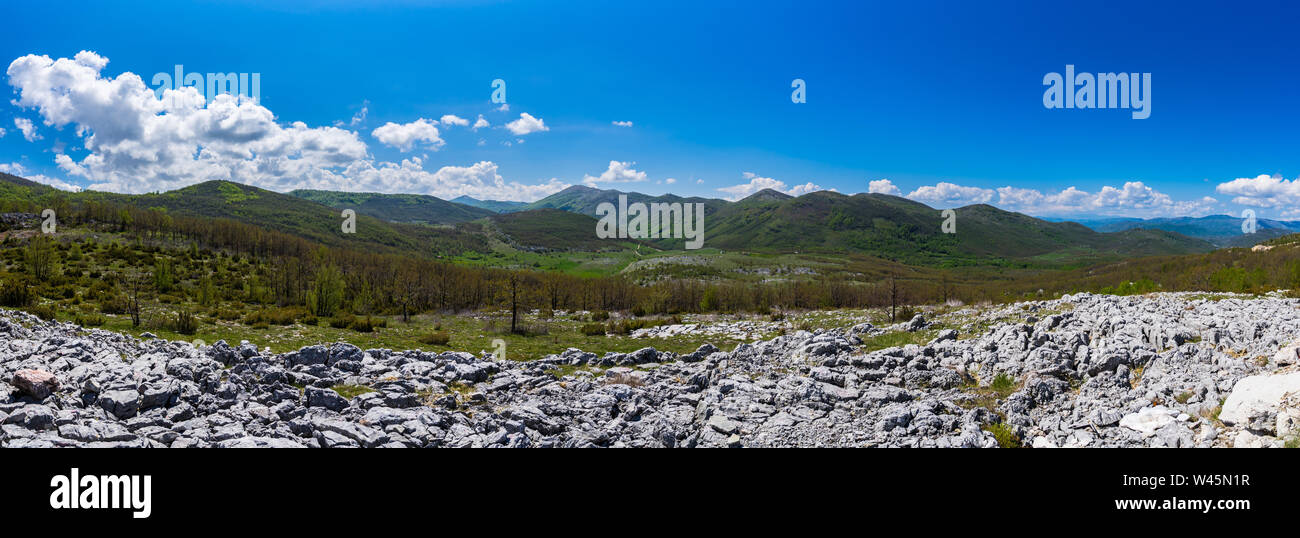 Montenegro, XXL panorama of green mountains and valleys covered by trees, forest and grass under blue sky in country nature landscape near savnik Stock Photo