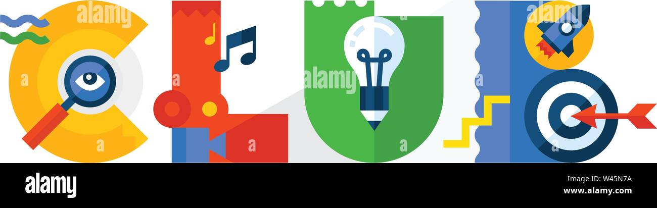 Logo of the club. Hobbies. Inscription club. Vector logo in a flat style isolated on white background. Company's brand name. Icons of the letters of t Stock Vector