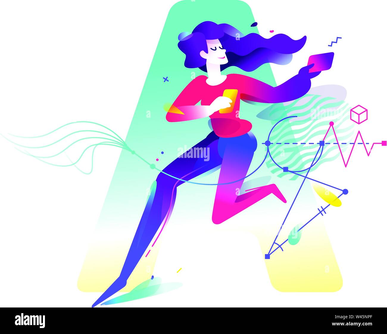 Illustration of a girl with mobile devices on a background of letters A. Vector illustration isolated on white background. Image for the banner of the Stock Vector
