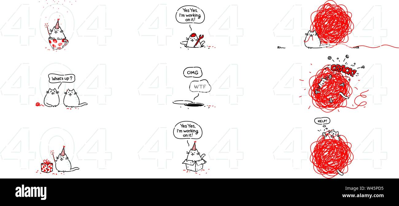 Page 404 with a nice cat. Error 404. Animation of the cat. Page not found, the site has broken down. Storyboards. Contour vector illustration on white Stock Vector