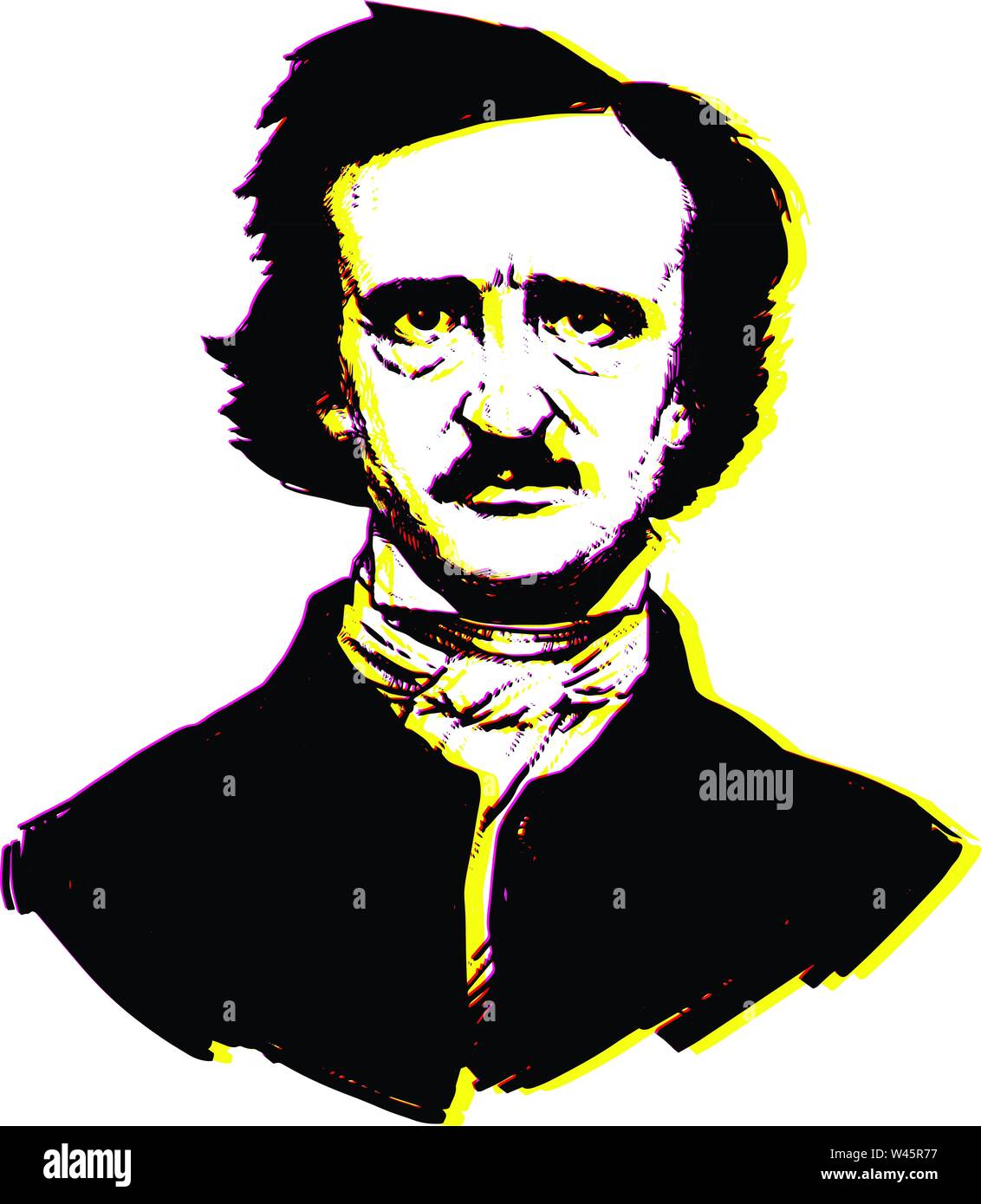 Illustration by Edgar Allan Poe. Portrait of a great American writer and poet. Illustration for a tattoo, site, booklet, poster, postcard. Image on wh Stock Vector