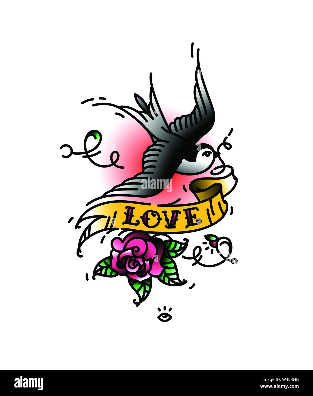 Tattoo Swallows with the inscription Love and a rose bud from below. Vector illustration. Tattoo of an American old school. Bird swift with ribbon and Stock Vector
