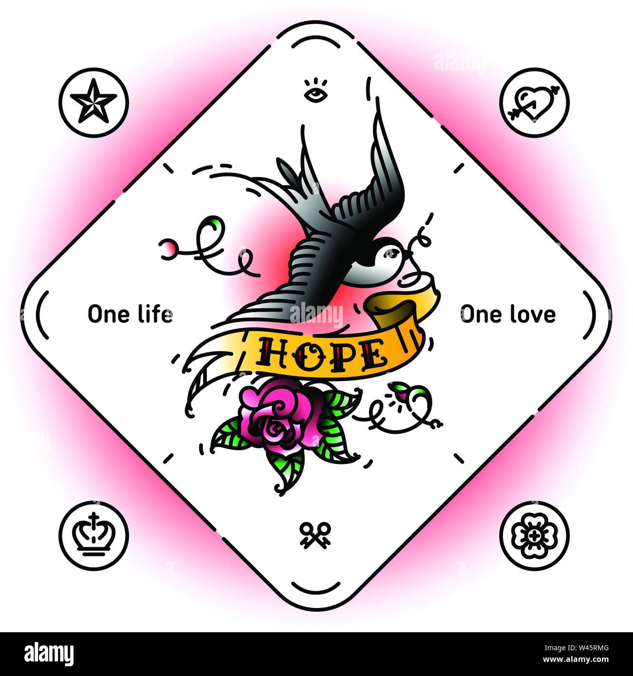 Tattoo swallow with the inscription Hope on the ribbon. Vector illustration. Tattoo, American old school. Swift and rose. Yellow ribbon for inscriptio Stock Vector