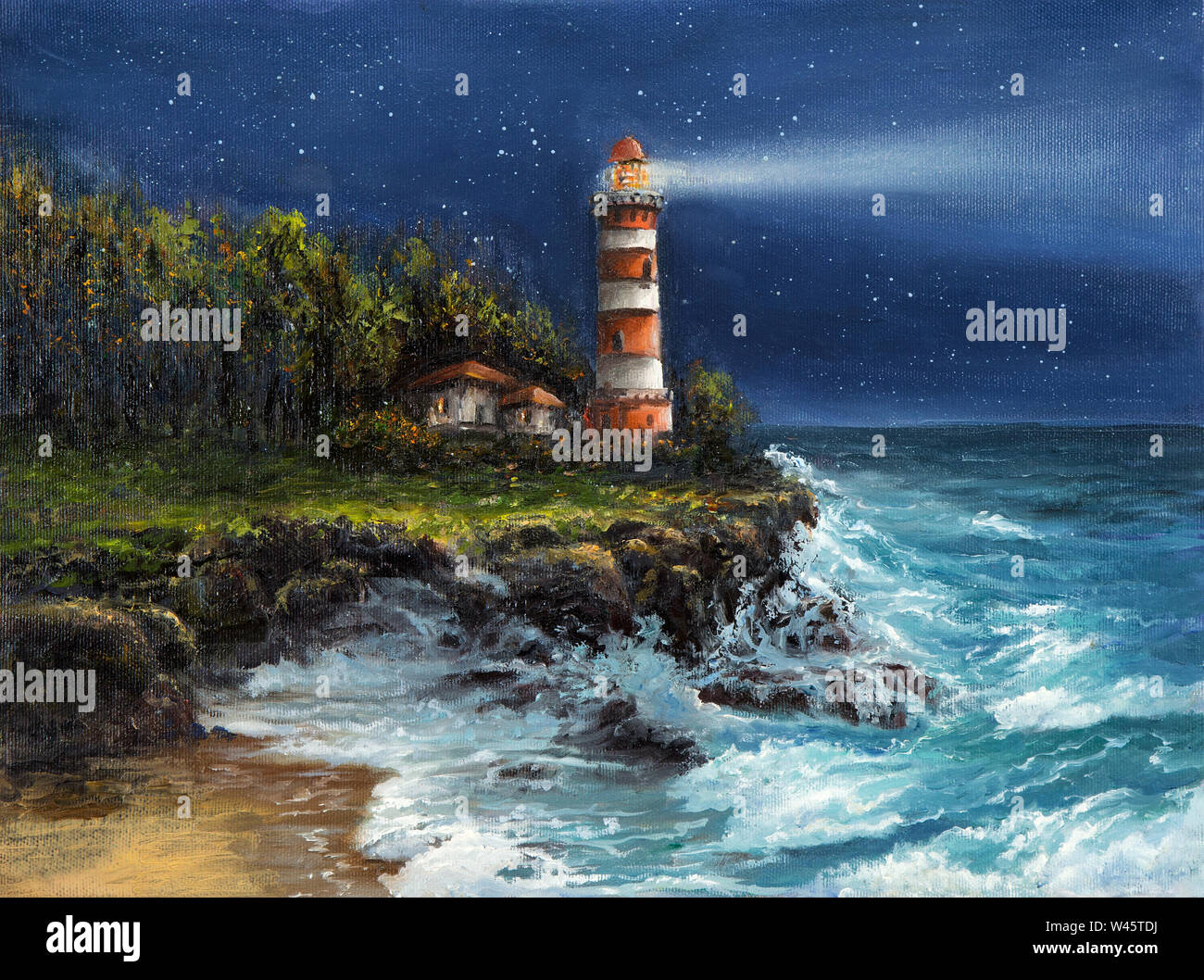 Landscape Oil Paintings, Sail Boat under Starry Night Sky Painting