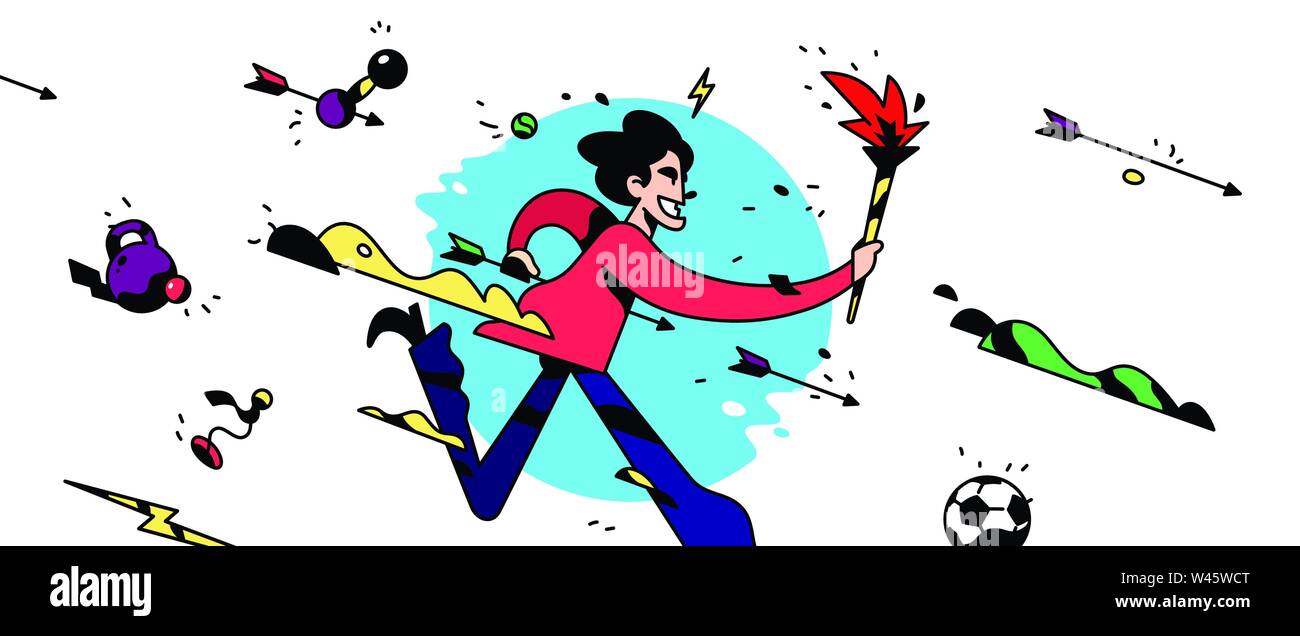 A cartoon character is running with a torch. Vector illustration. The