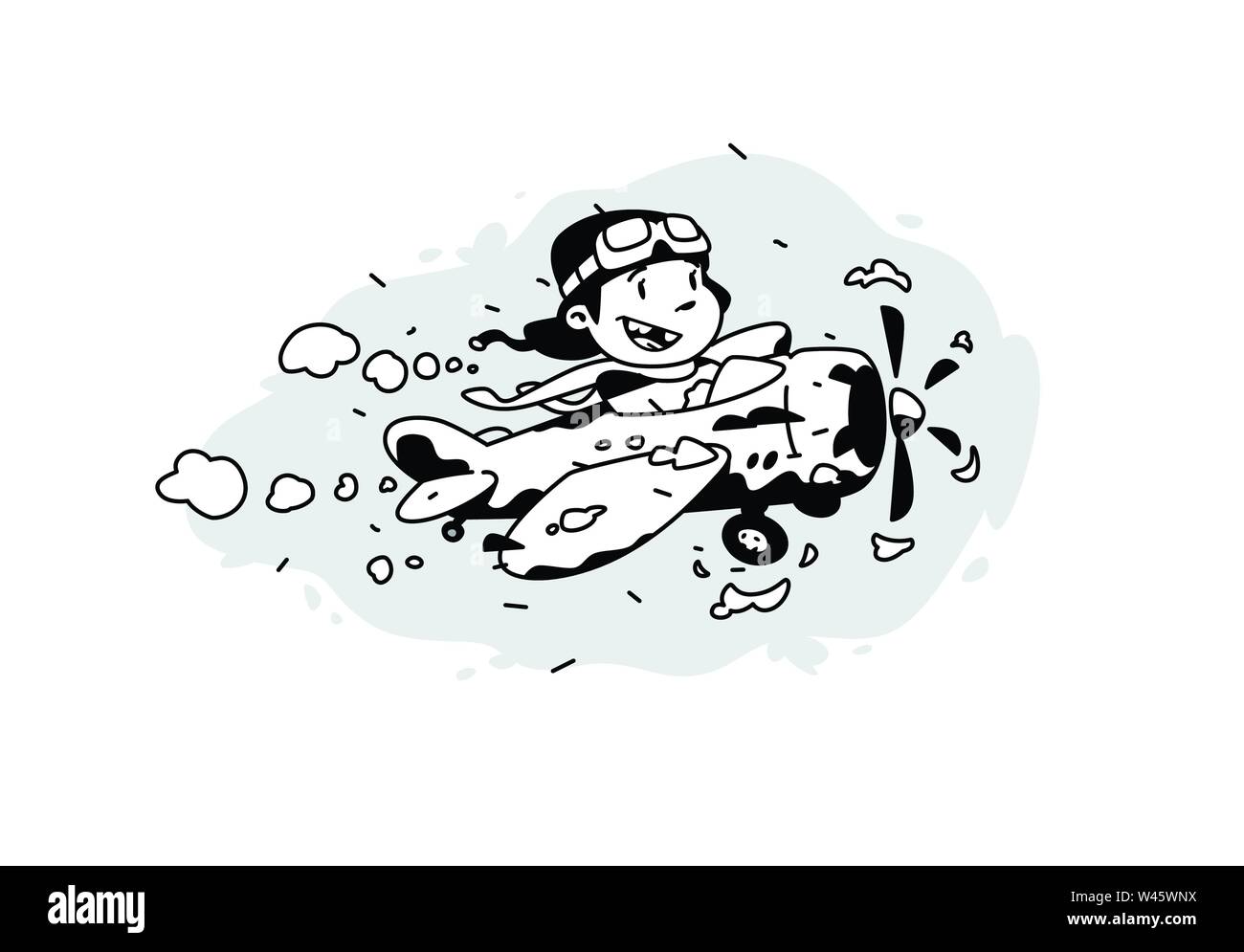 Illustration of a cartoon boy flying in a plane among the clouds. Vector illustration. Image is isolated on white background. Illustration for print a Stock Vector
