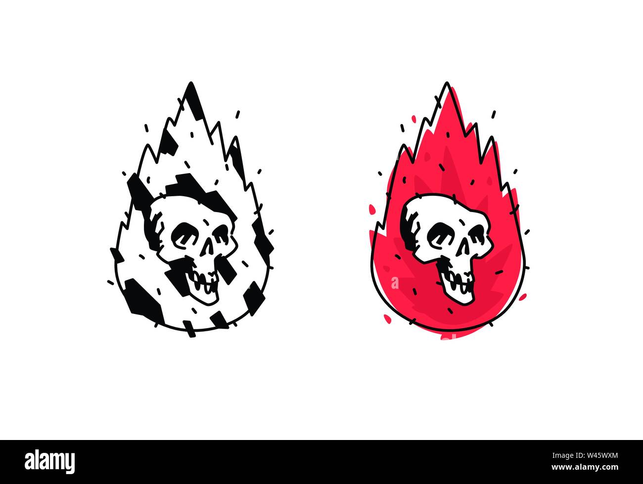 Illustration of a burning white skull. Vector icon. Image is isolated on white background. Burning skull, comic style. A tattoo, a logo for a biker cl Stock Vector