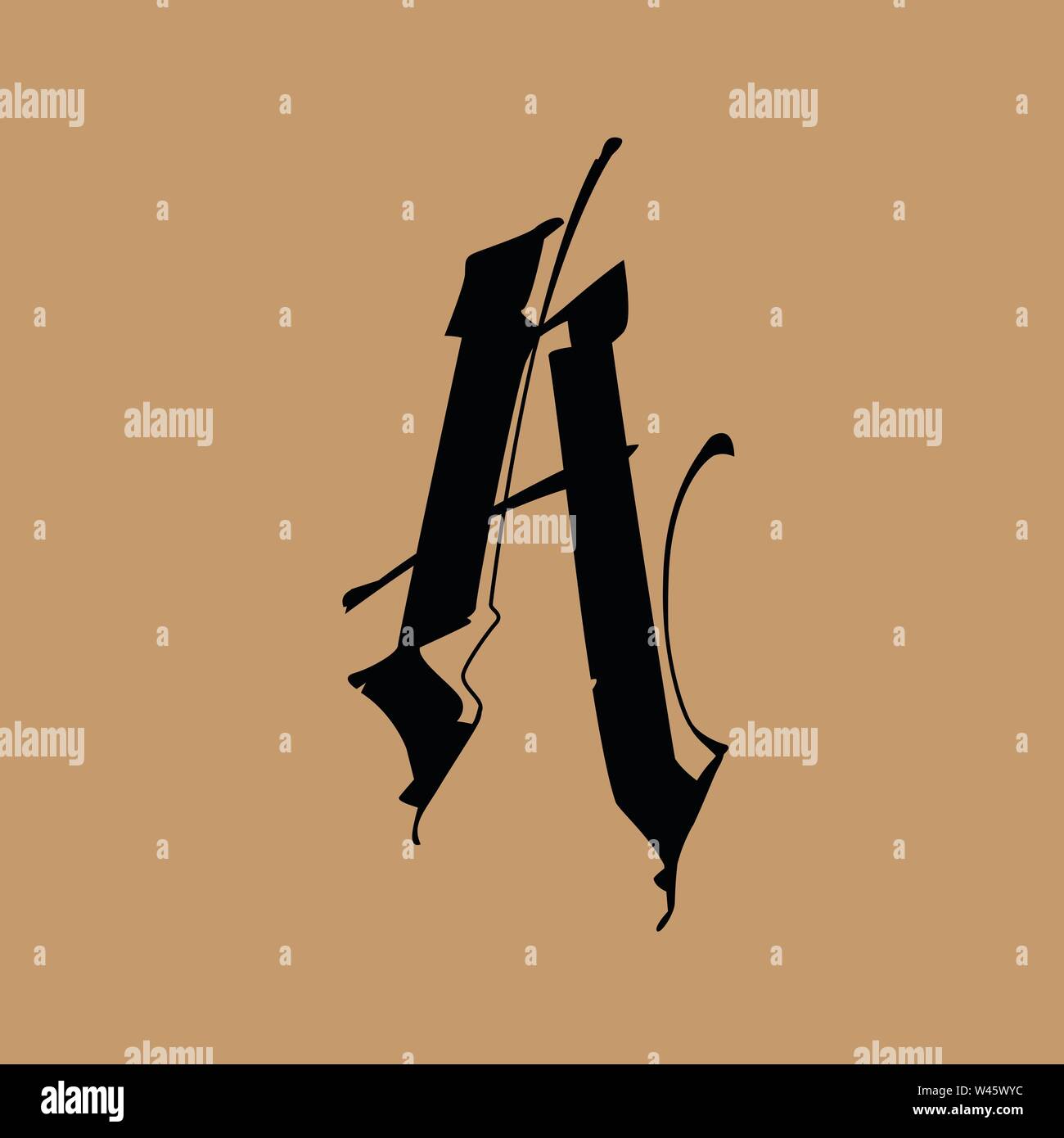 Letter A, in the Gothic style. Vector. Alphabet. The symbol is isolated on a golden background. Calligraphy and lettering. Medieval Latin letter. Logo Stock Vector