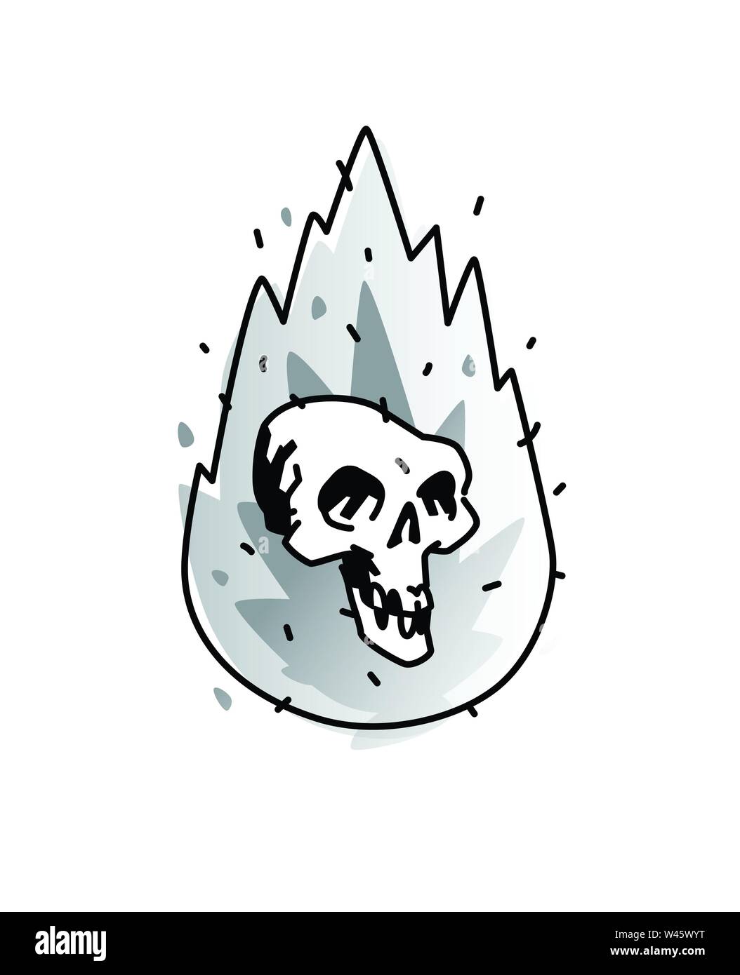Illustration of a burning white skull. Vector icon. Image is isolated on white background. Burning skull, comic style. A tattoo, a logo for a biker cl Stock Vector