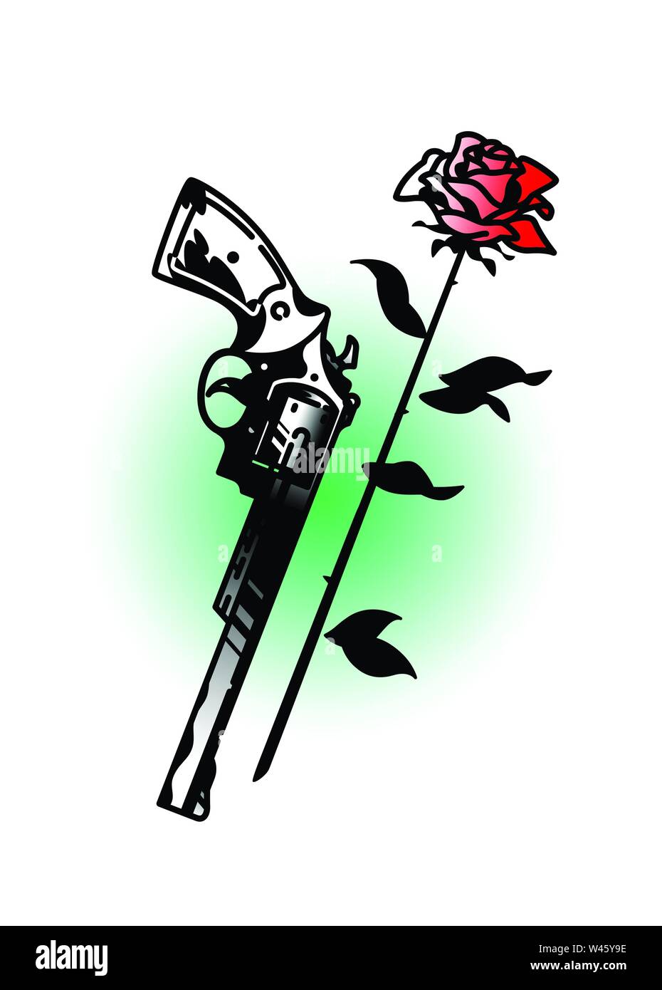 A tattoo of a revolver and roses. Vector. Vintage tattoo in the style of the American old school. Image is isolated on white background. Color pattern Stock Vector