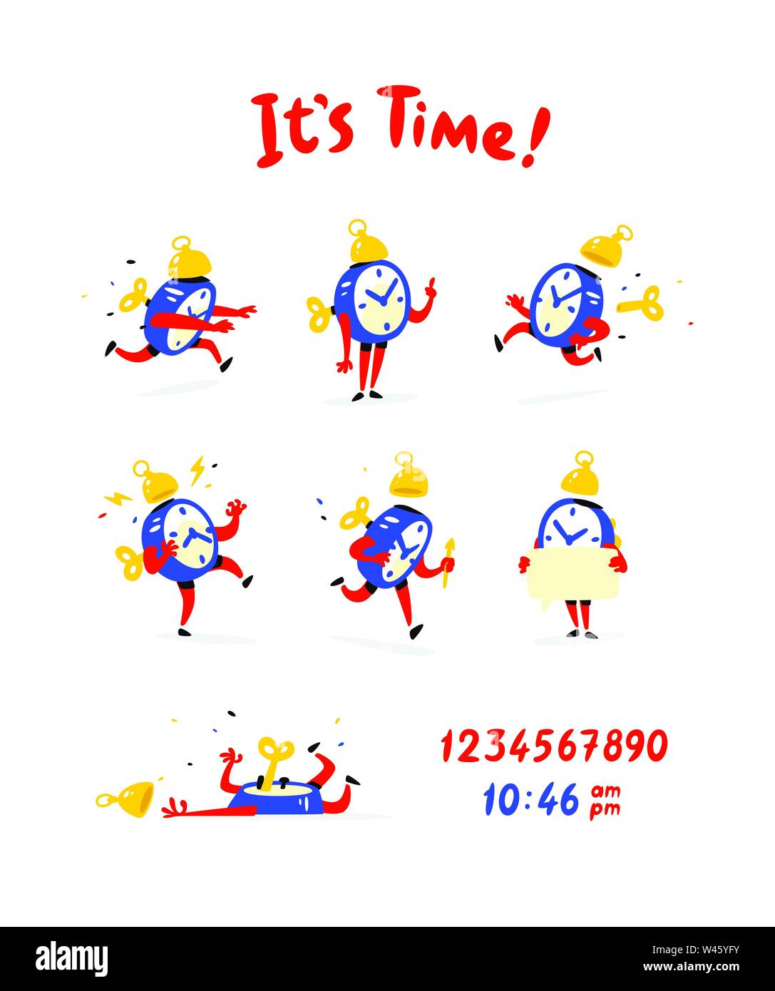 Cartoon characters of the alarm clock. Vector. A set of emotions and