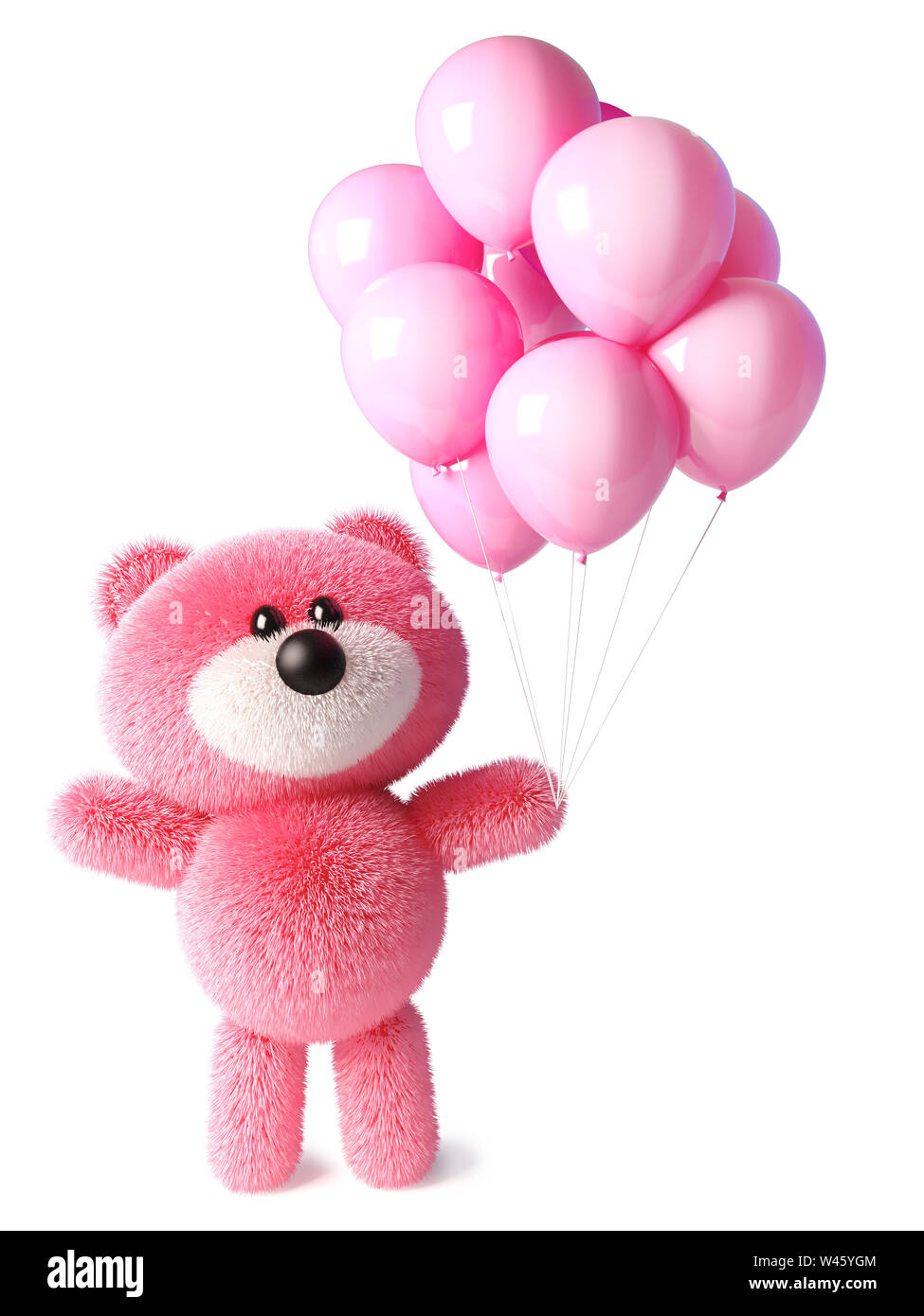 Pink fluffy teddy bear character celebrates with pink party balloons, 3d illustration render Stock Photo