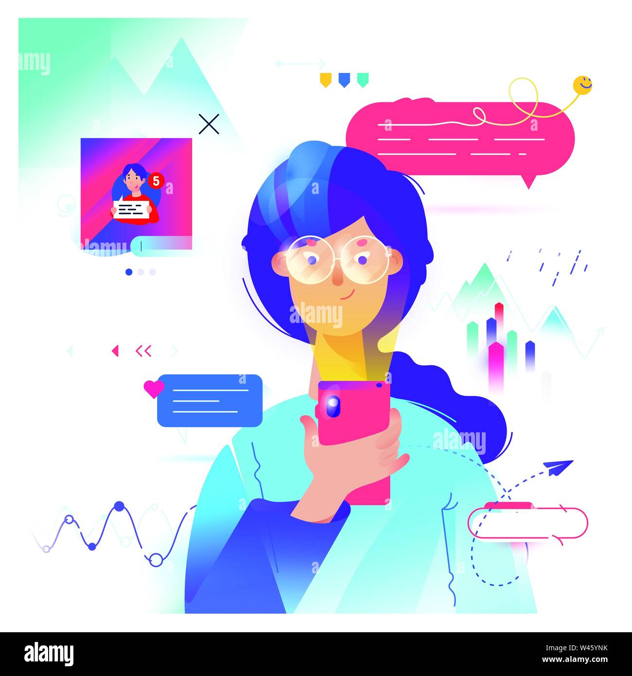 Cartoon girl communicates by phone in the messenger. Vector. Cute female image. Woman chatting and social networks. Illustration for banner or website Stock Vector