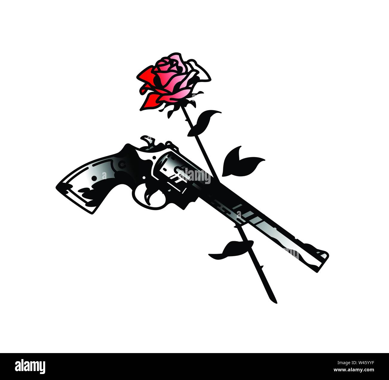 Tattoo pistol revolver and roses. Vector. Death and love. Hipster tattoo. The style of the old American school. Image is isolated on a white backgroun Stock Vector