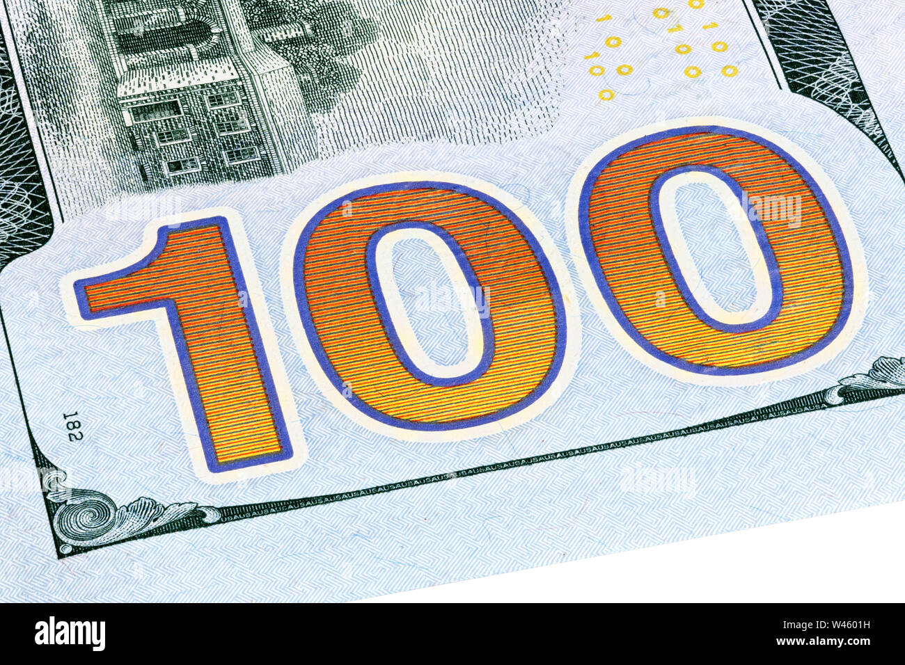 Hundred dollars bill fragment on macro, stacked photo. Stock Photo