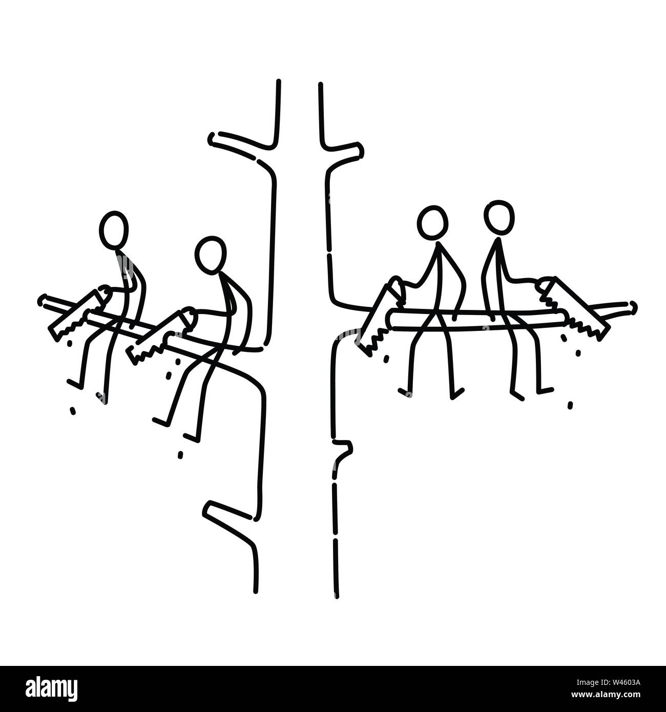 A man is sawing a branch on which he is sitting. Illustration of men