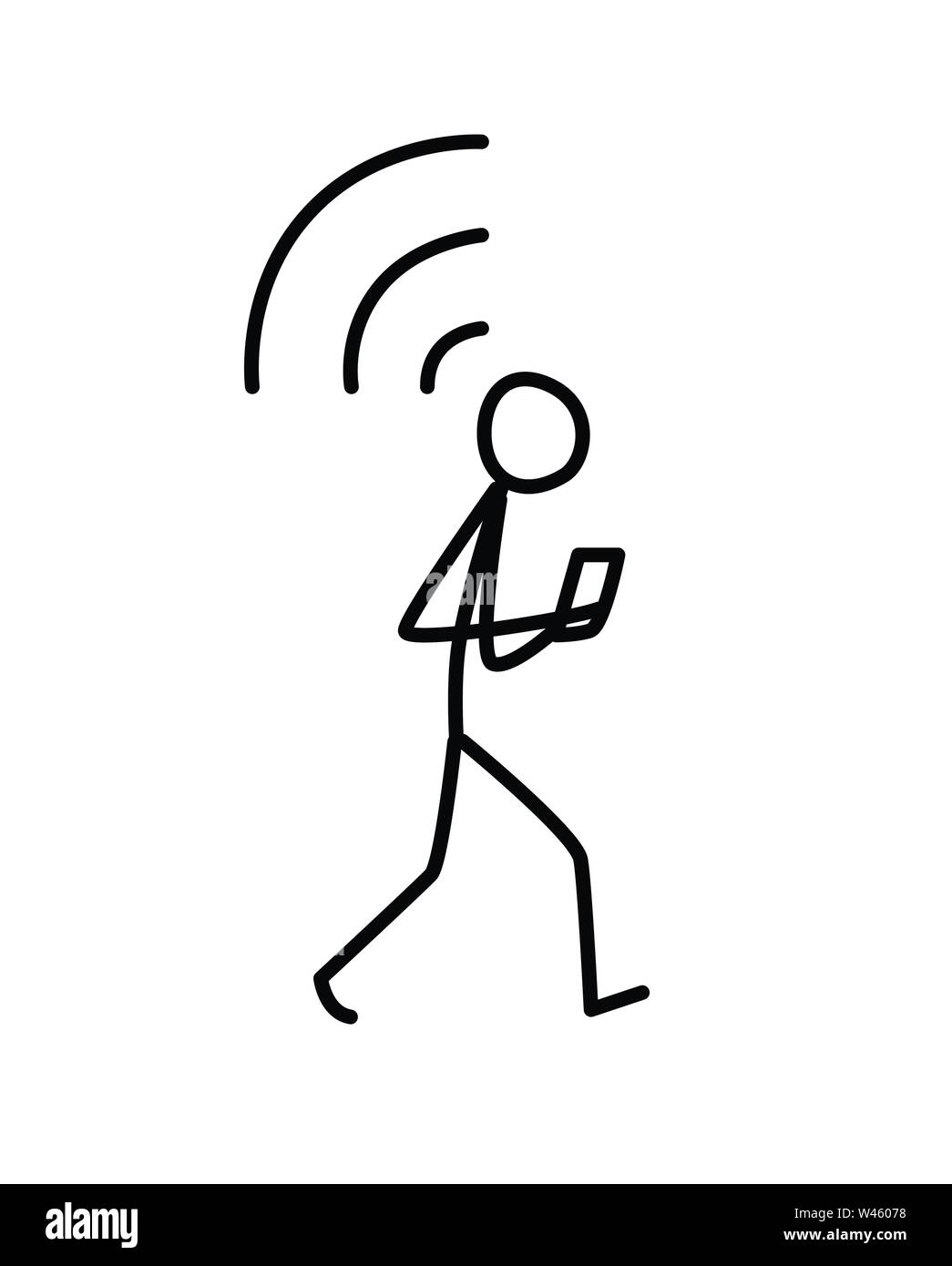 Illustration of a man walking with a phone. Vector. Connecting Wi-Fi. Metaphor. Linear style. Illustration for website or poster. Always online. Stock Vector