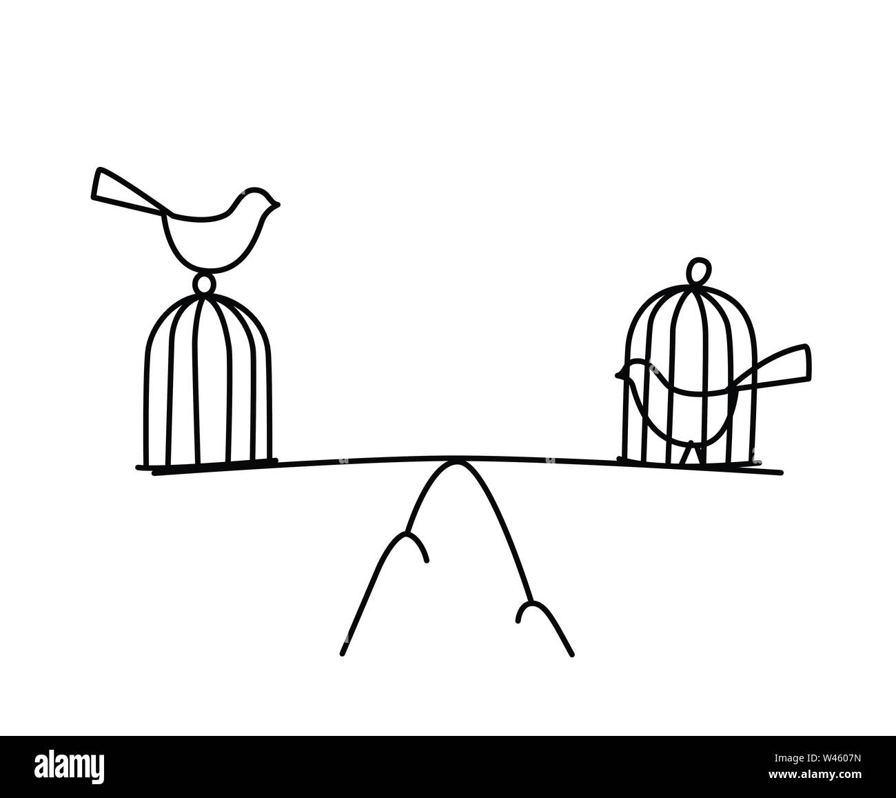 Illustration of a bird in a cage and at large. Vector. Freedom and prison. The balance between freedom and imprisonment. Metaphor. Linear style. Illus Stock Vector