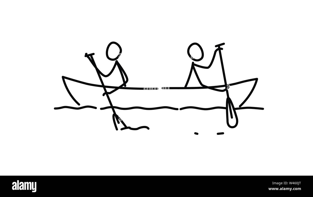Illustration of two men in a boat. Vector. Each team in their own way. Conflict of interest. Metaphor. Contour picture. Leader race. Ambitions bosses. Stock Vector