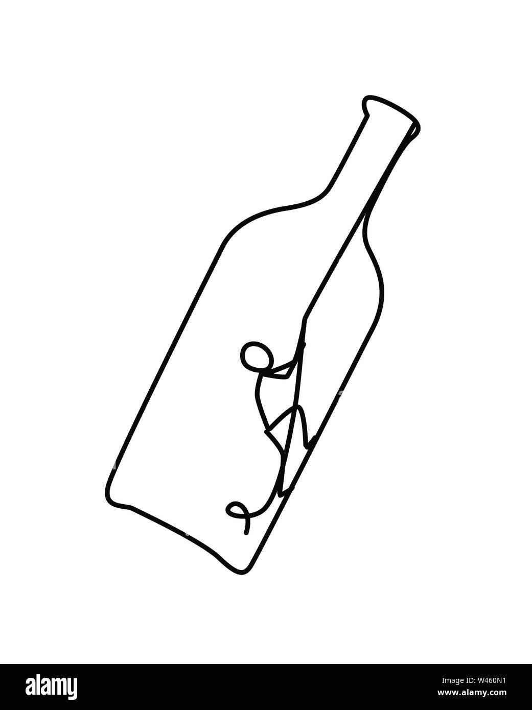 Illustration of a man in a bottle. Vector. The little man is trying to get out of the bottle. The fight against alcohol. Anonymous alcoholics club. He Stock Vector