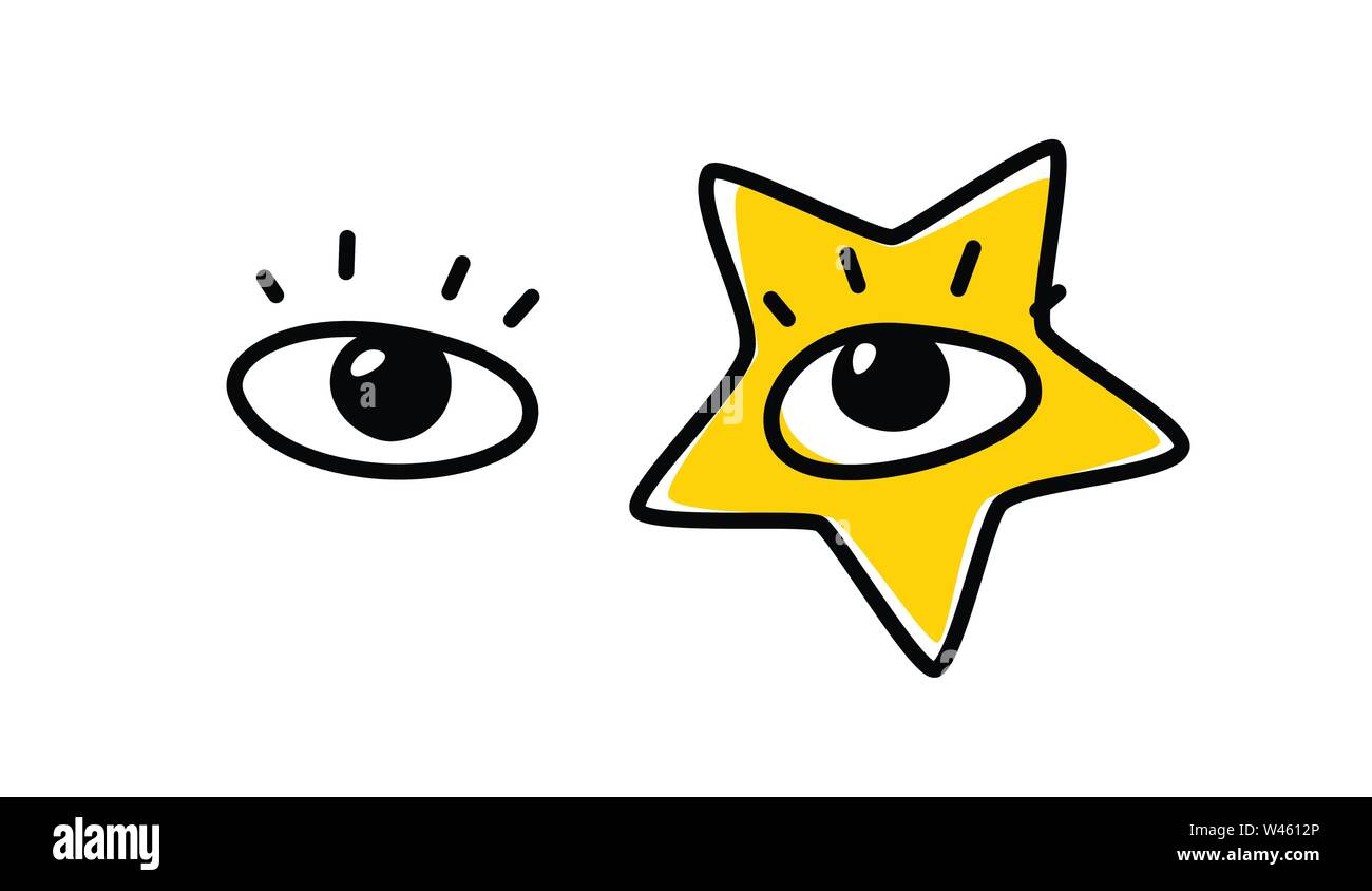 Illustration of human eyes. Vector. The look is directed to the viewer. An image of a pop star. Yellow star as a make-up on the face. Fashionable imag Stock Vector