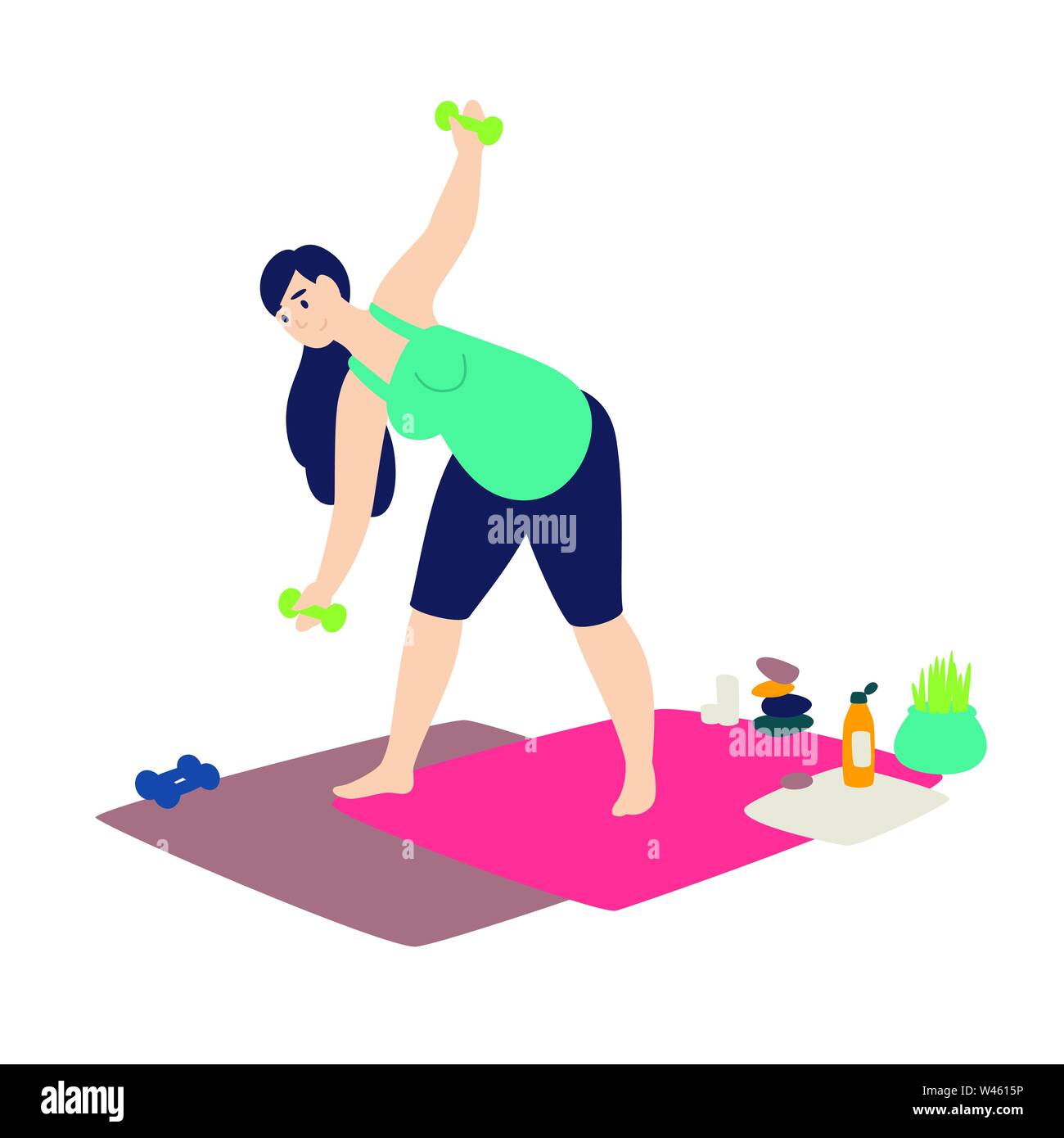 A pregnant woman doing gymnastics. Vector. Flat cartoon style. Sports lessons at home. Expectant mother practices yoga. Healthy lifestyle. Online spor Stock Vector