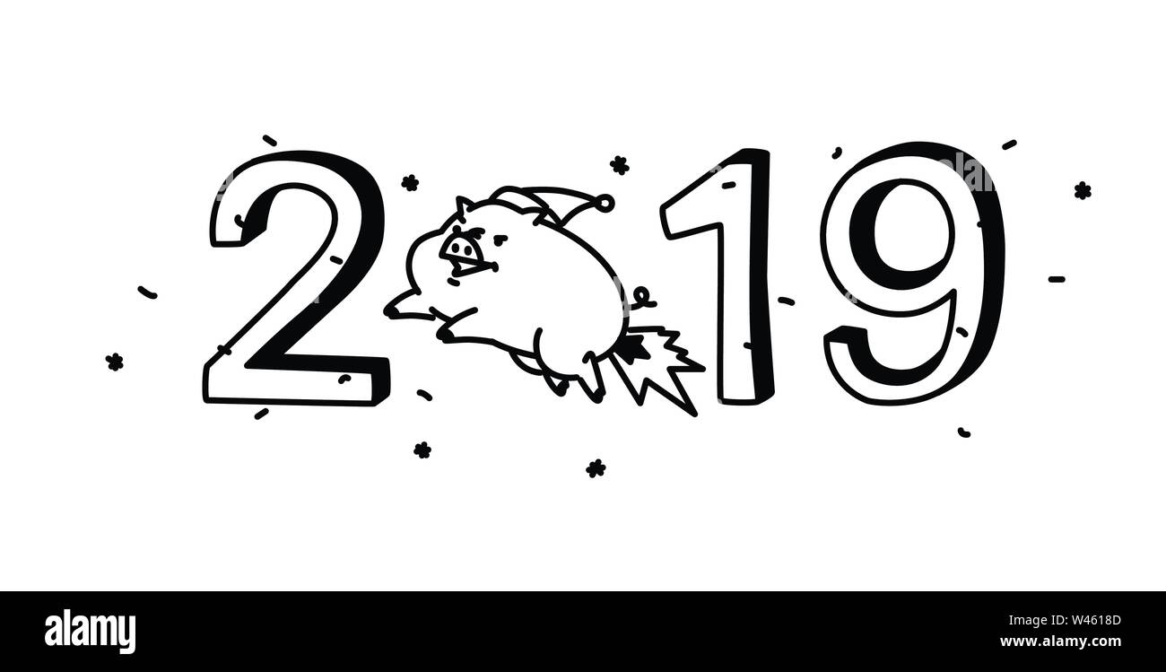New year's illustration of a cartoon pig with the inscription 2019. Vector. The illustration is isolated on a white background. Sweet animal pig. Symb Stock Vector