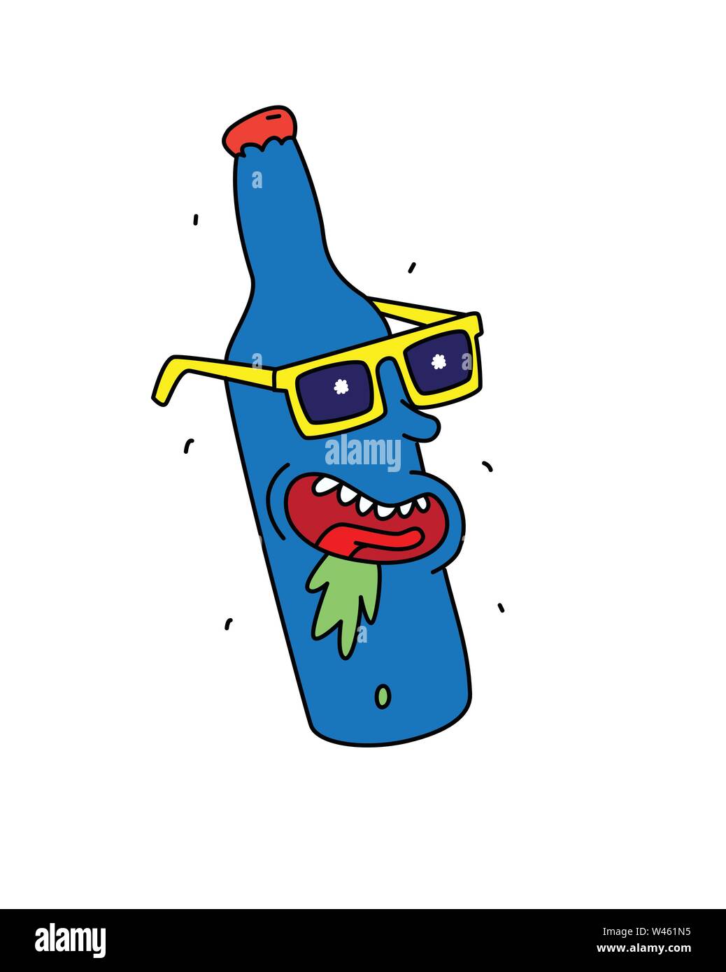 A bottle of beer in yellow glasses. Vector. Flat style. Cheerful character for a party. Logo, mascot alcohol shop. Illustration of a bottle of wine, f Stock Vector