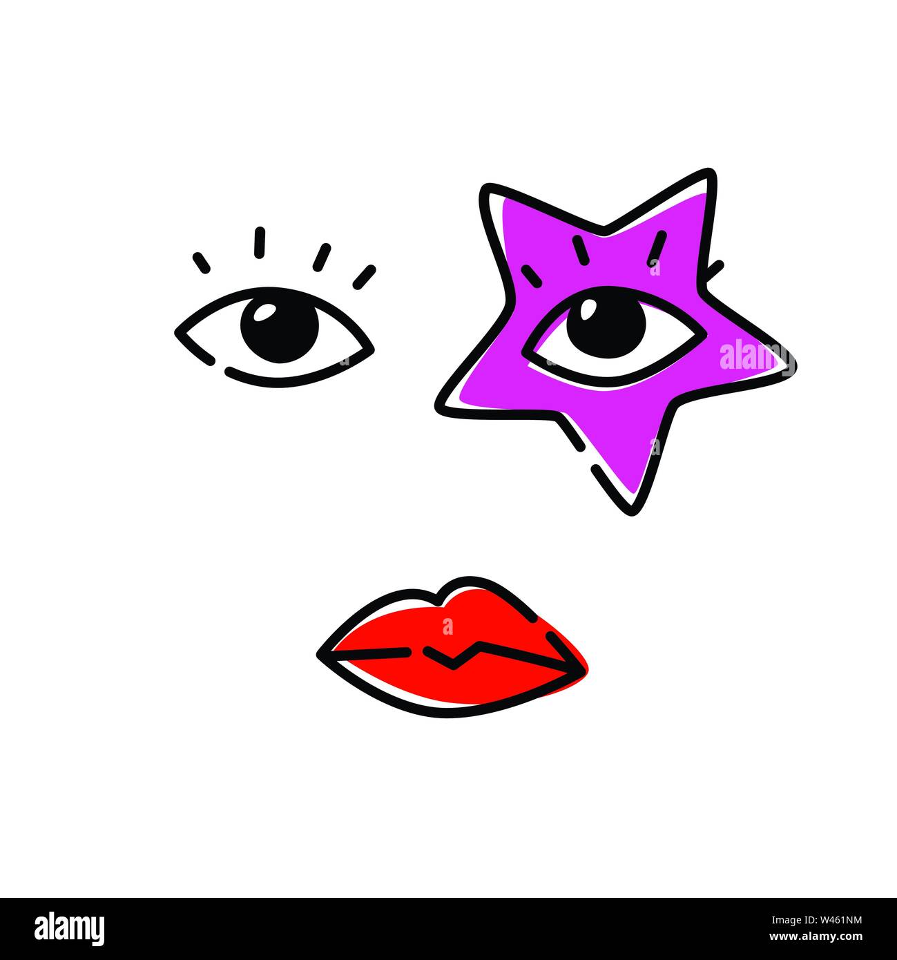 Illustration of human eyes. Vector. The look is directed to the viewer. An image of a pop star. Red star as a make-up on the face. Fashionable image f Stock Vector