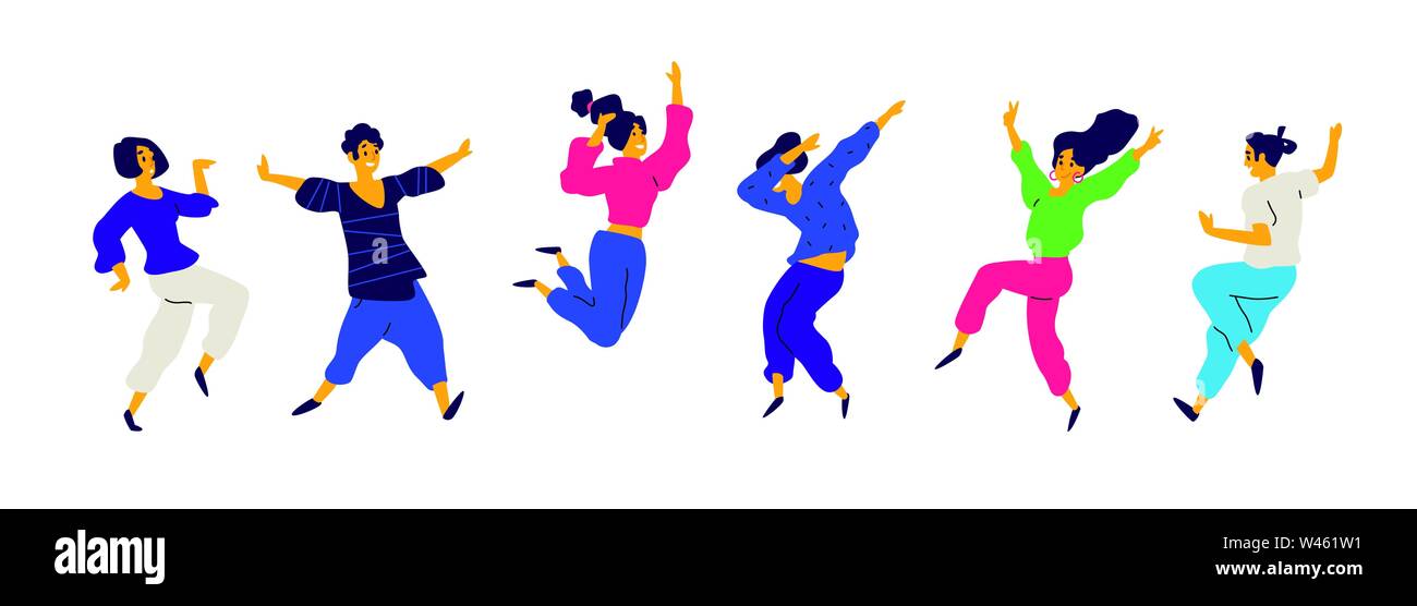 Dancing and fun people, positive emotions. Vector. Illustrations of males and females. Flat style. A group of happy and joyful teenagers. Shapes are i Stock Vector