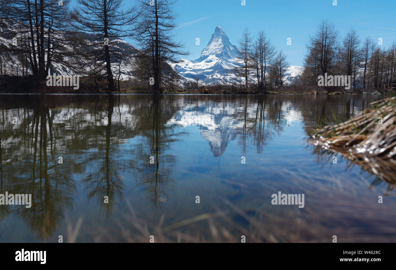 Panoramic lake with Matterhorn mountain, Swiss Alps in Zermatt, Switzerland Stock Photo