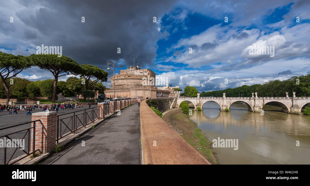 Weather in Rome. View of the beautiful Castle of the Holy Angel with stormy clouds Stock Photo